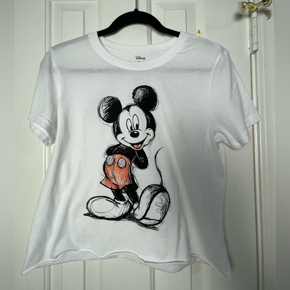 Disney Mickey Mouse Sketch Crop top White T-shirt Junior Women’s Size Large NEW